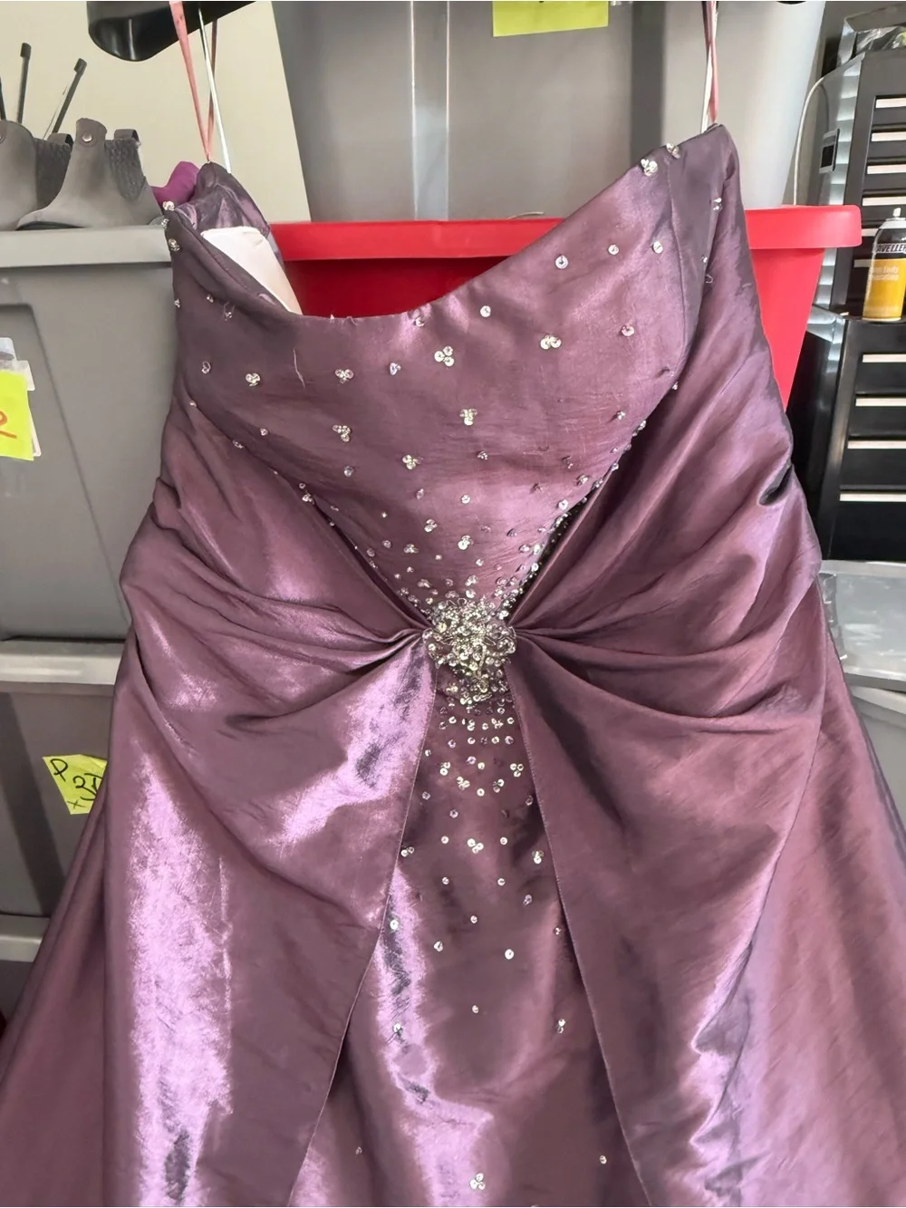 Strapless Formal Dress in Plum with Crystal Detail